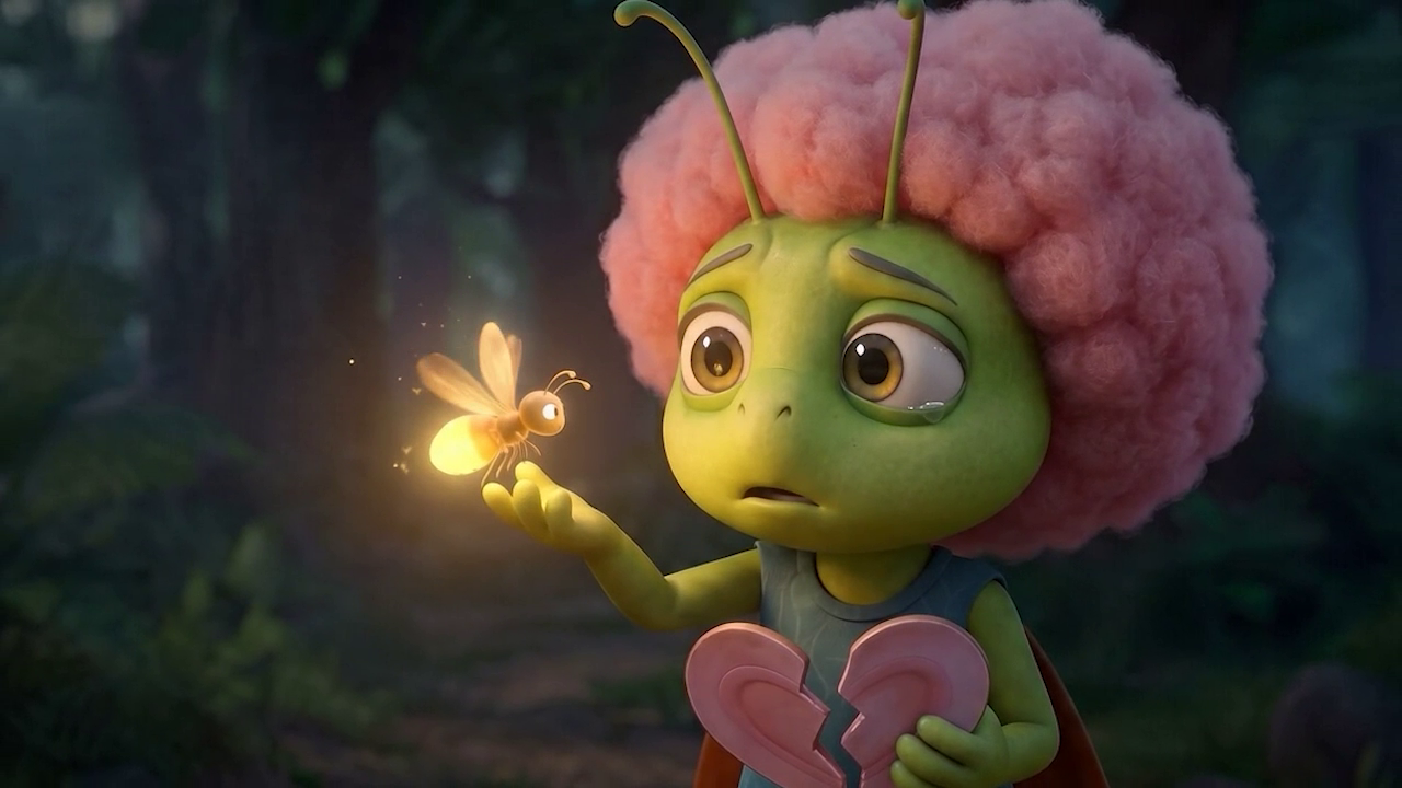 Sibell looking up at a glowing firefly, the turning point of the film