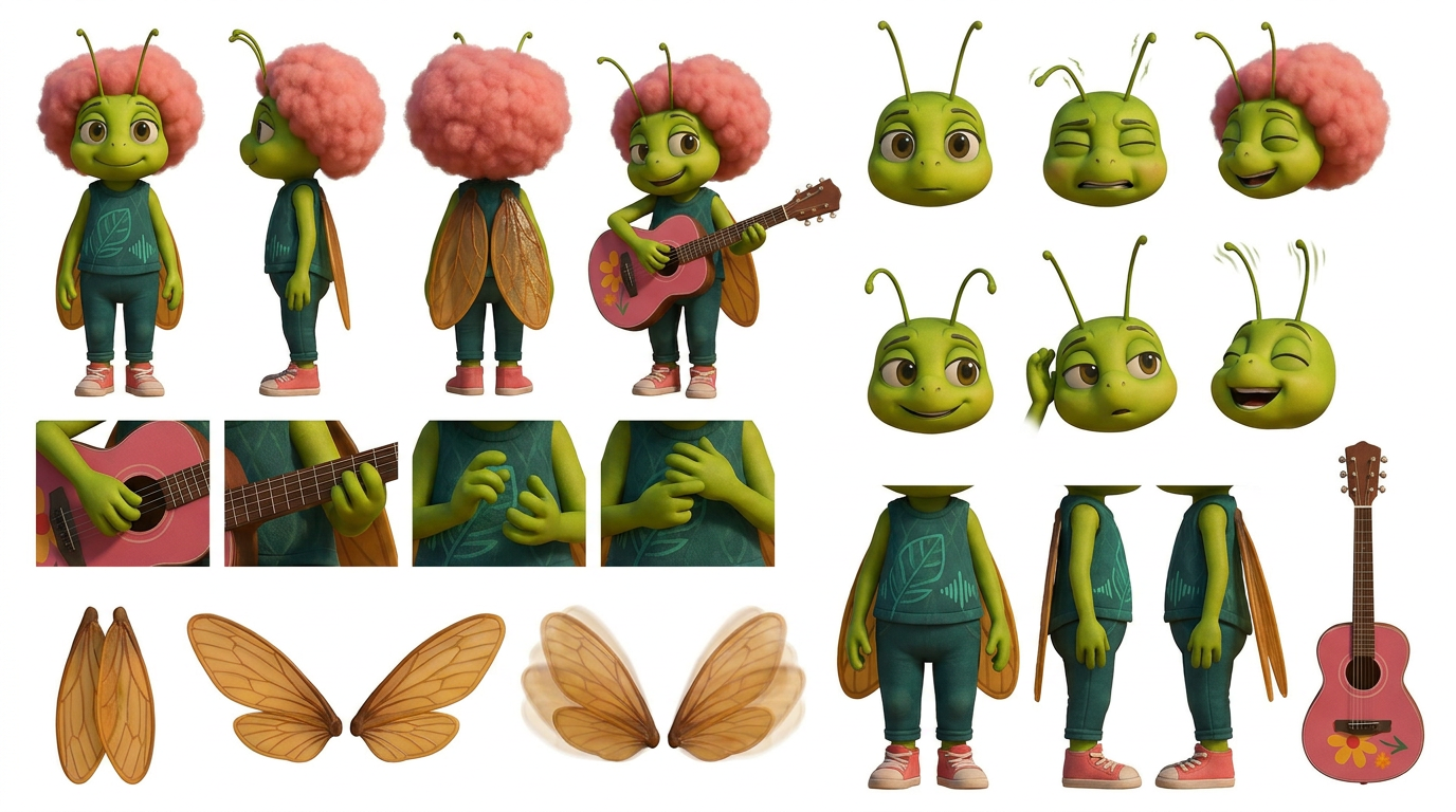 Character sheet of Sibell showing poses, expressions and silhouette