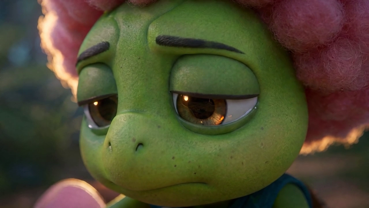 Close-up of Sibell, the cicada, with a sad expression in the forest